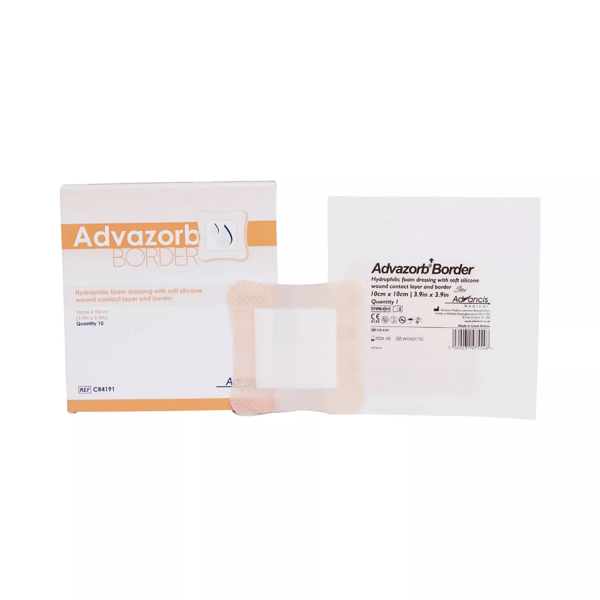 Advazorb Border Silicone Adhesive with Border Silicone Foam Dressing, 4 x 4 Inch, 1 Box of 10