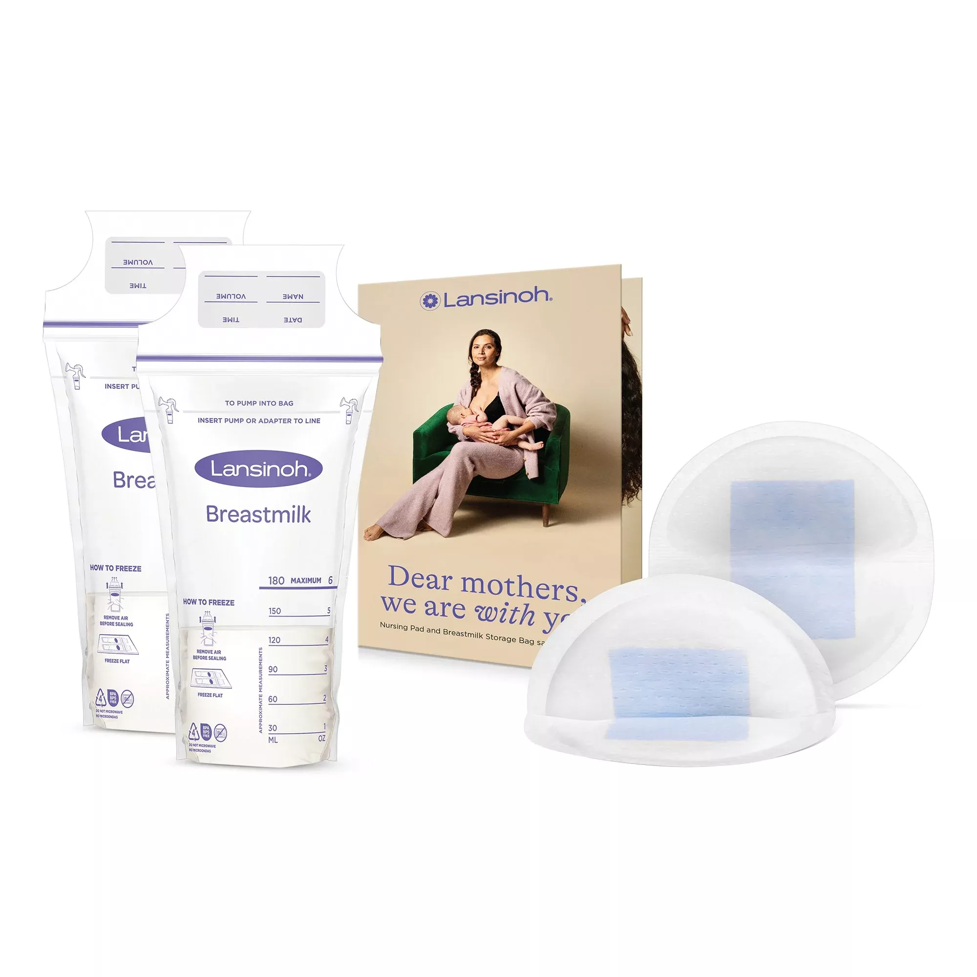 Lansinoh Nursing Pad Bundle – two Stay Dry Nursing Pads and two Breast Milk Storage Bags, 1 Case of 180