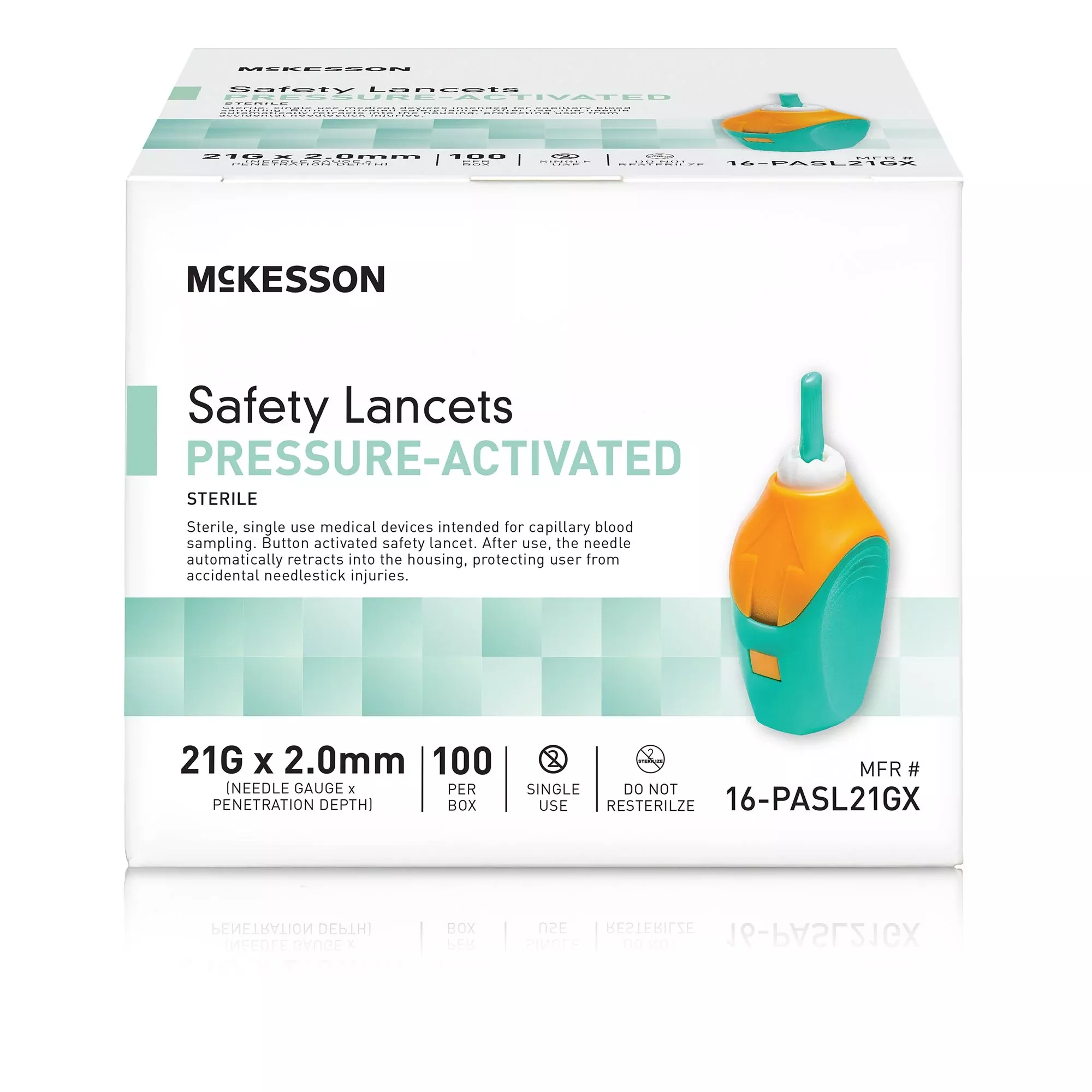 McKesson Pressure Activated Safety Lancets, 21 Gauge, Green, 1 Case of 2000