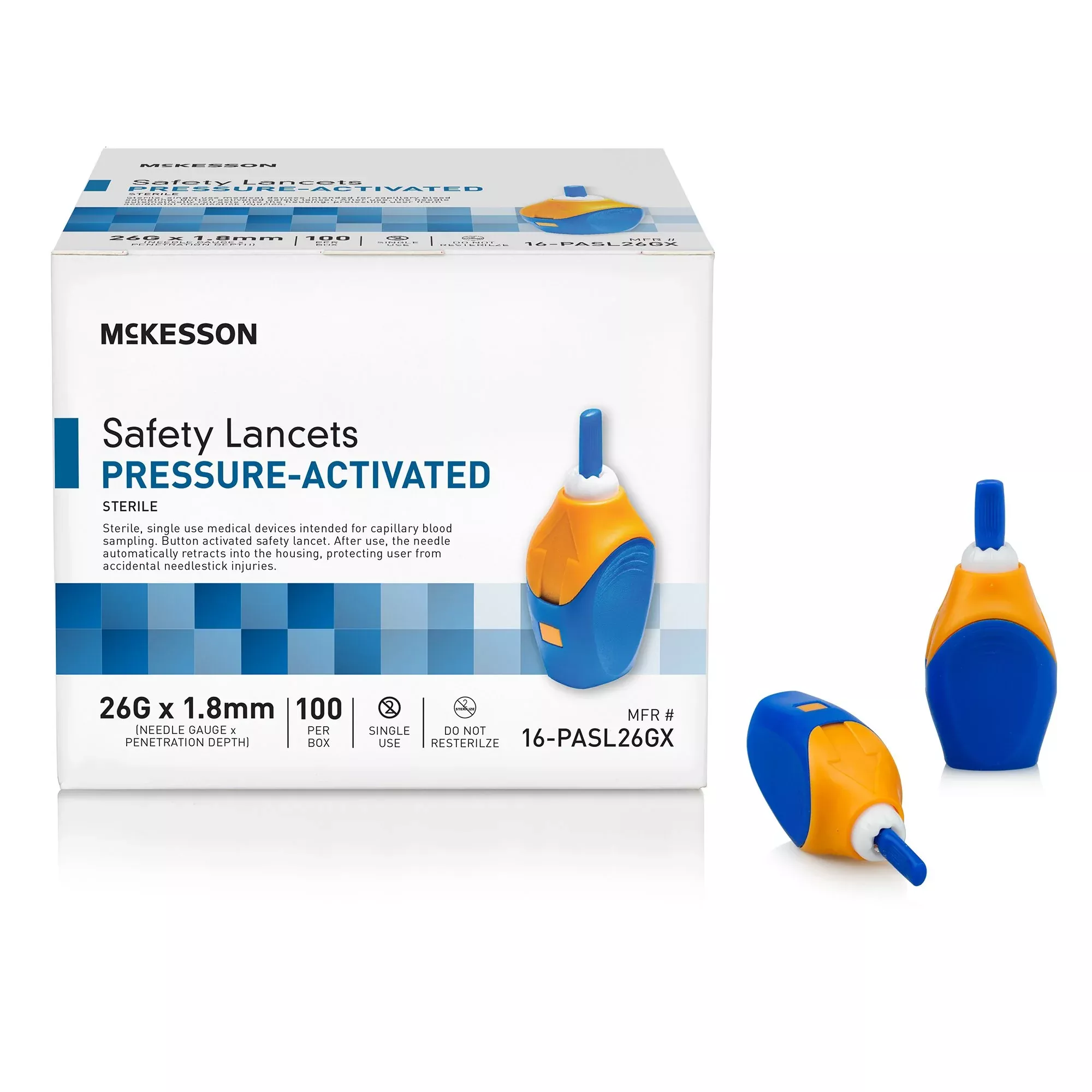 McKesson Pressure Activated Safety Lancets, 26 Gauge, Blue, 1 Case of 2000