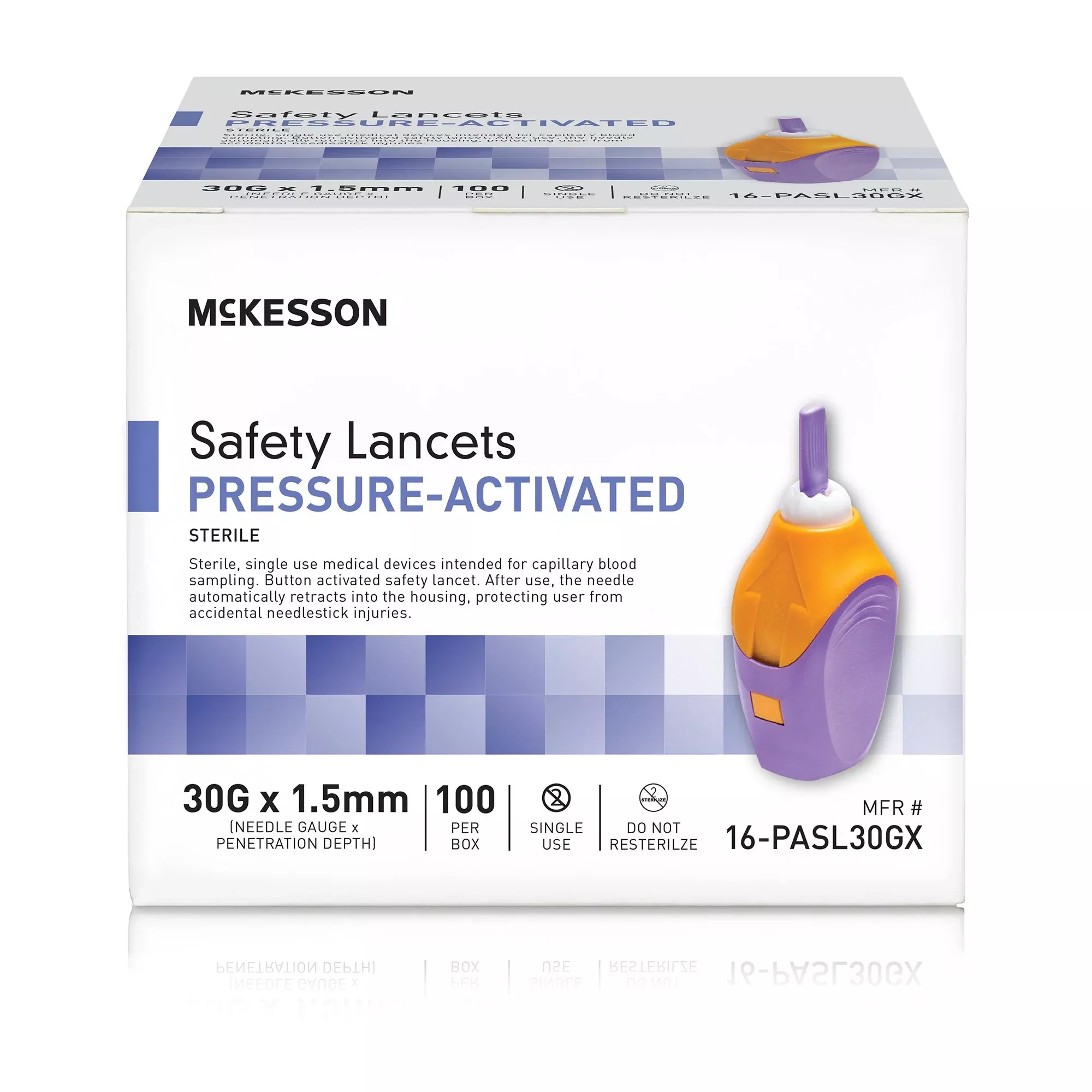 McKesson Pressure Activated Safety Lancets, 30 Gauge, Purple, 1 Case of 2000