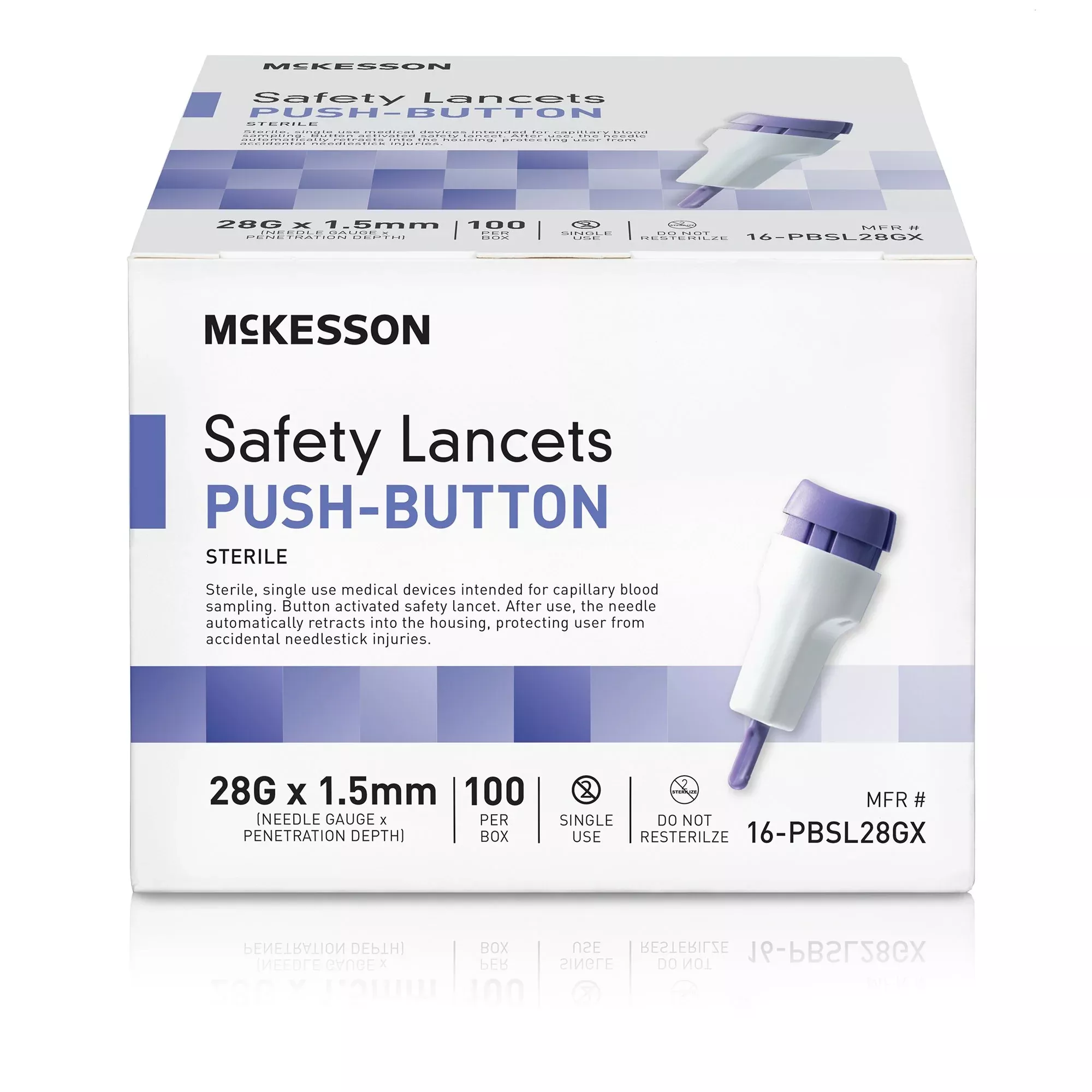 McKesson Push Button Safety Lancet, 28 Gauge, 1 Box of 100
