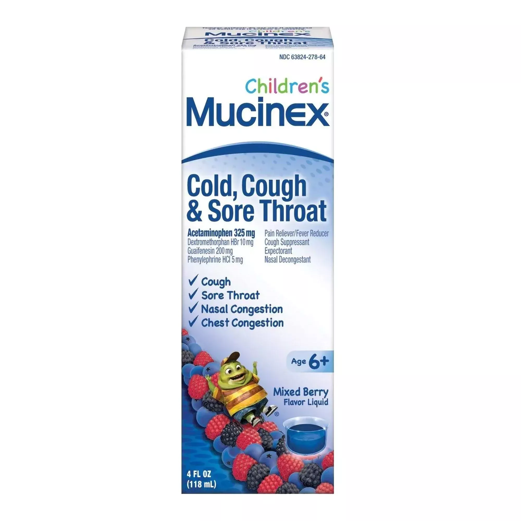 Mucinex Children's Cold and Flu Liquid Very Berry Acetaminophen / Dextromethorphan / Guaifenesin / Phenylephrine Children's Cold and Cough Relief, 1 Each
