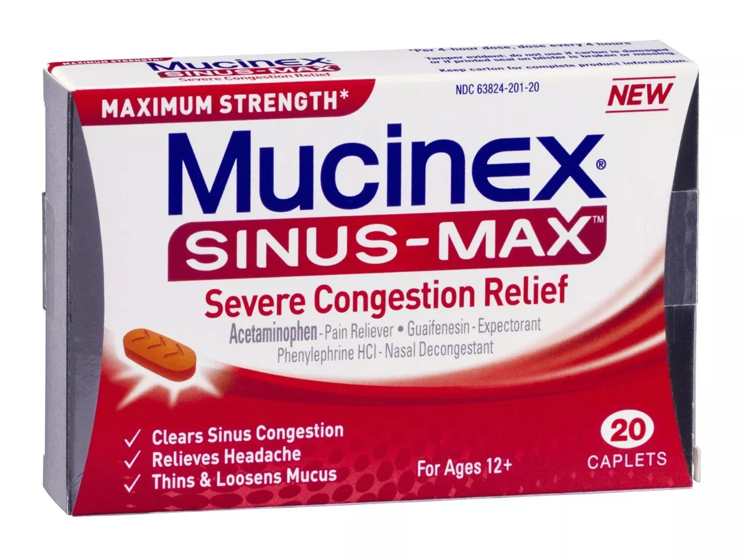 Mucinex Sinus-Max Severe Congestion & Pain Caplets, 1 Carton of 20