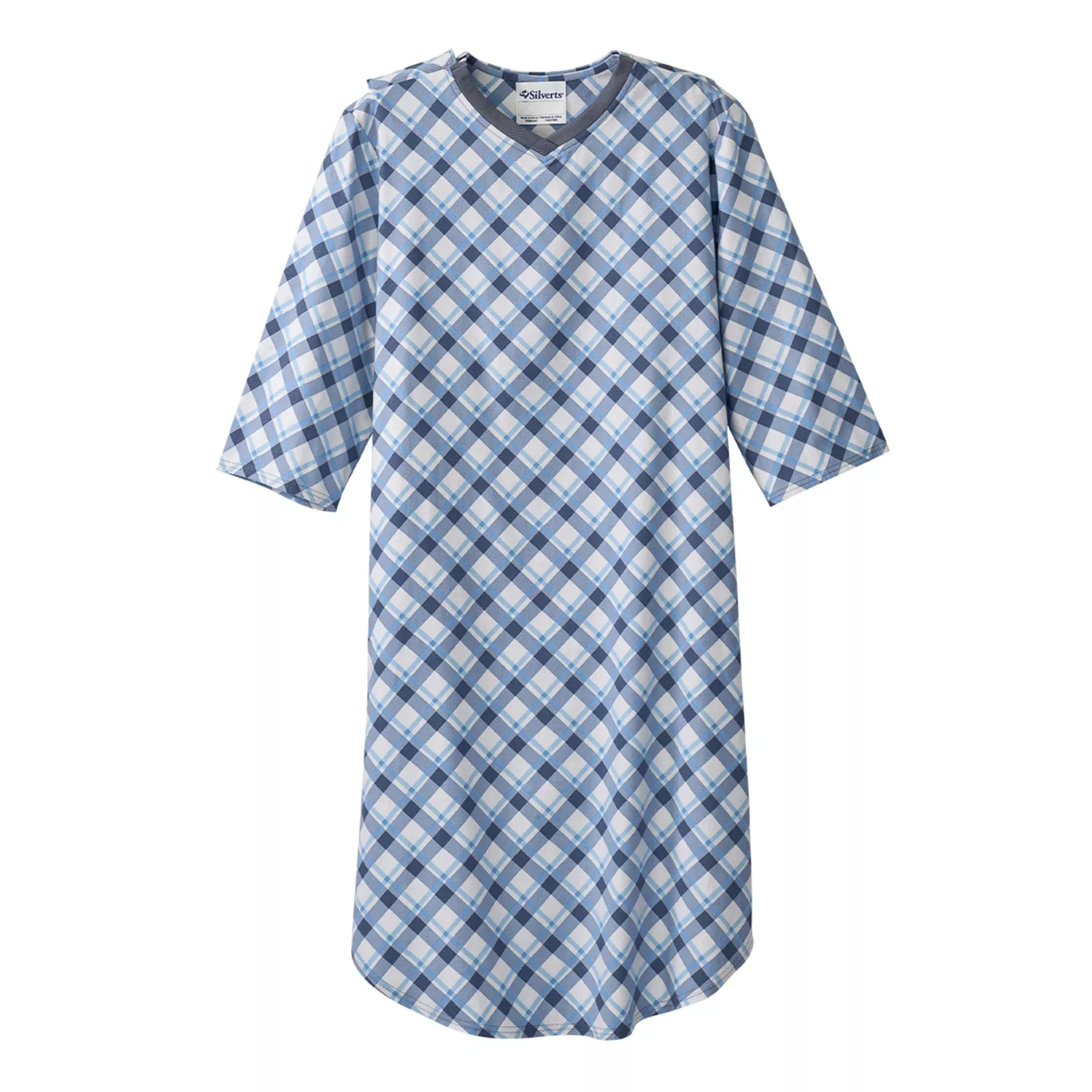 Silverts Shoulder Snap Patient Exam Gown, Small, Diagonal Blue Plaid, 1 Each