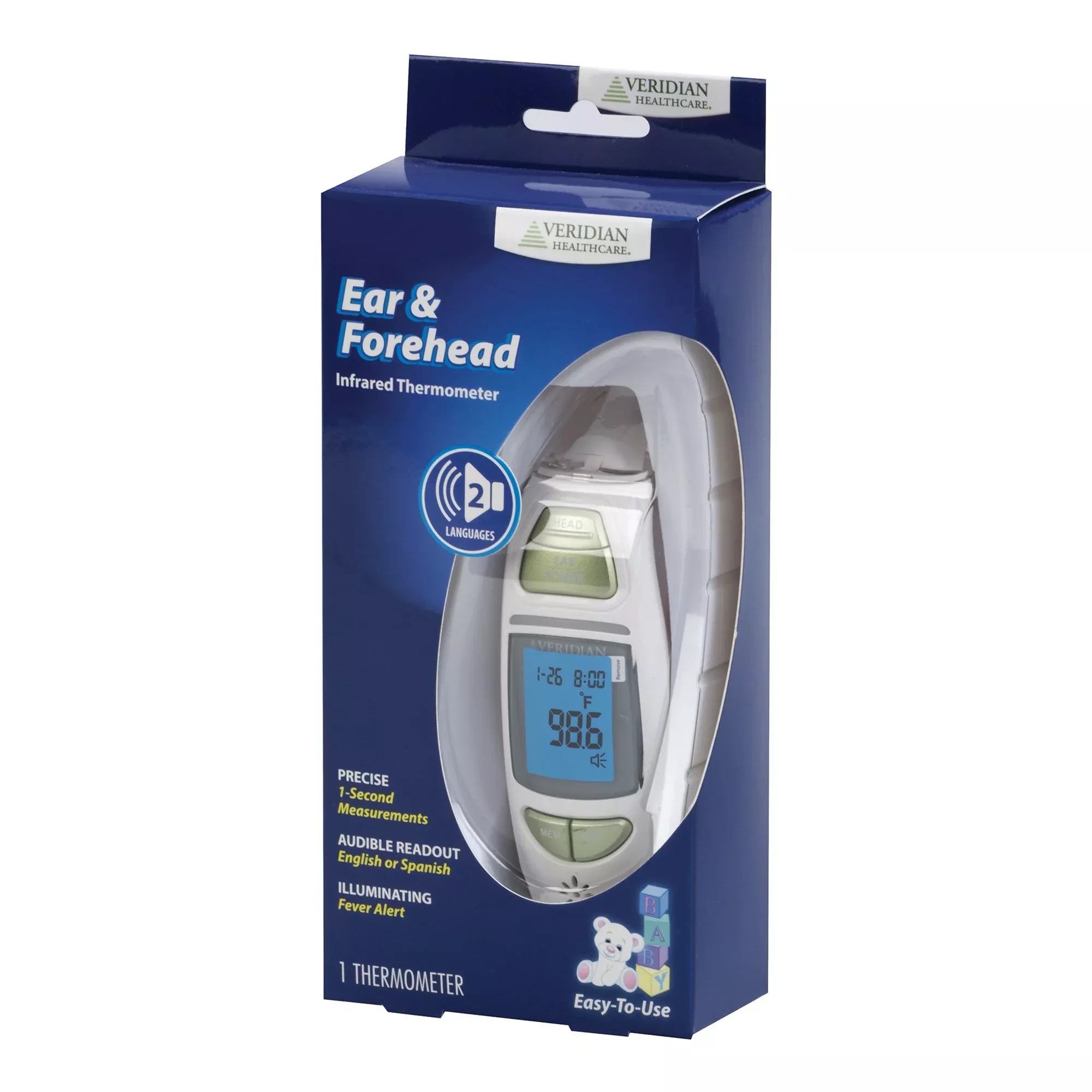 Veridian Infrared Thermometer, Tympanic Ear Digital Talking Thermometer, 1 Each